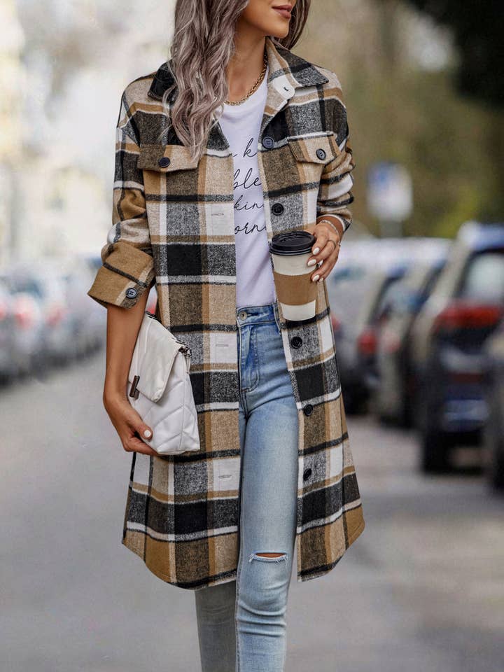 eLook - Vente Manteau – femme - Manteau long boutonné à carreaux SZ1-JK821114