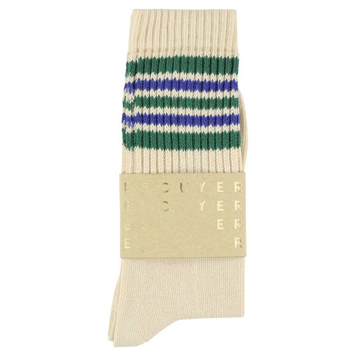 ESCUYER - Wholesale Socks - Men's - 5 Stripes Socks - Ecru / Green / Blue1