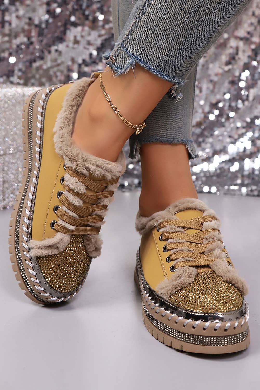 As shown Rhinestone Decor Faux Fur Lining Lace-Up Flat Shoes | US6-10 for wholesale on Faire3