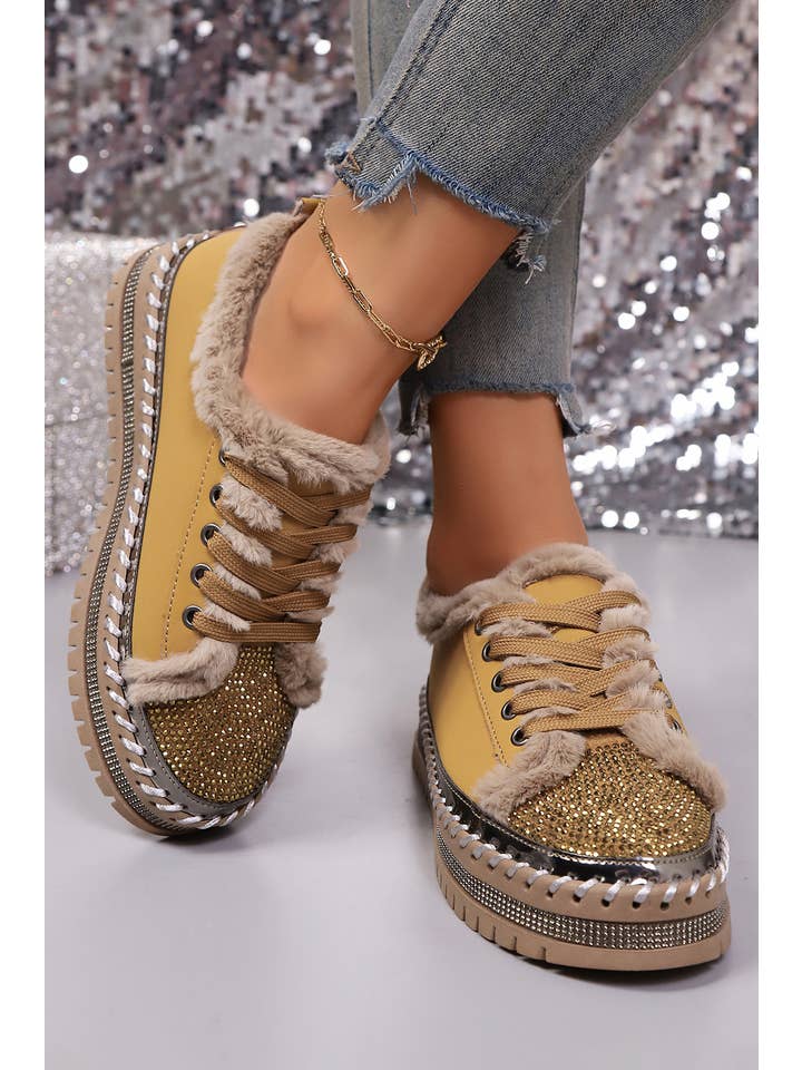 As shown Rhinestone Decor Faux Fur Lining Lace-Up Flat Shoes | US6-10 for wholesale on Faire3