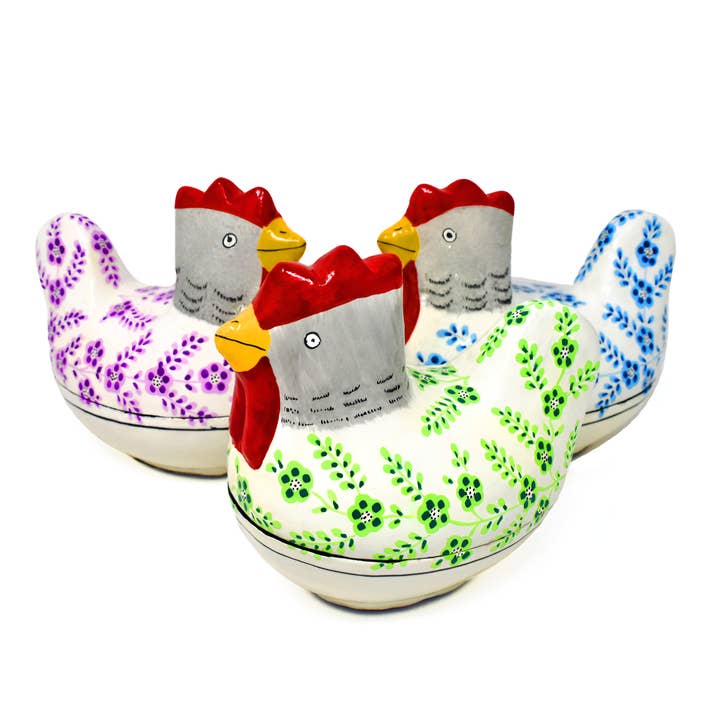 Boîte en papier mâché peinte à la main avec motifs floraux de poule de Pâques pour la vente par Fair to Trade Ltd