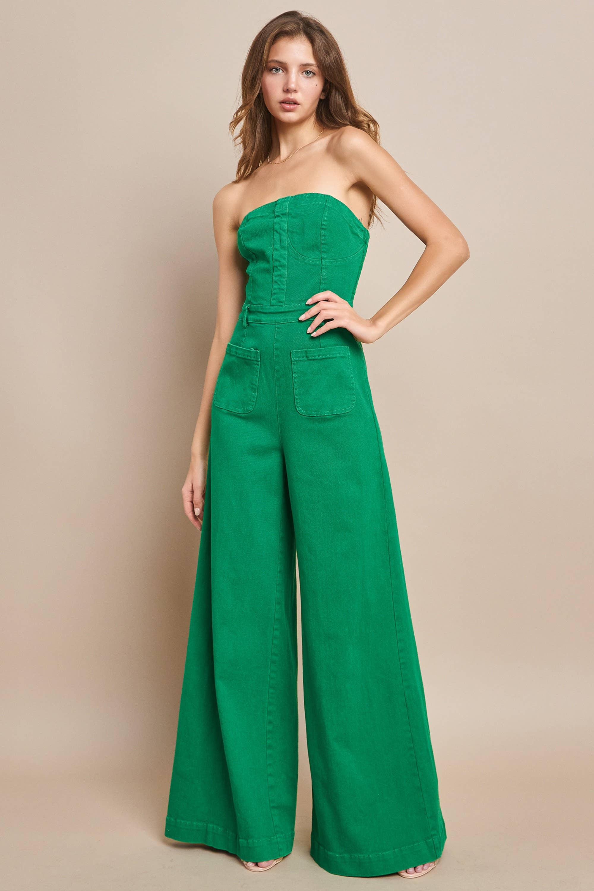 OFF SHOULDER WIDE LEG DENIM JUMPSUIT 4406 KELLY GREEN  for wholesale on Faire2