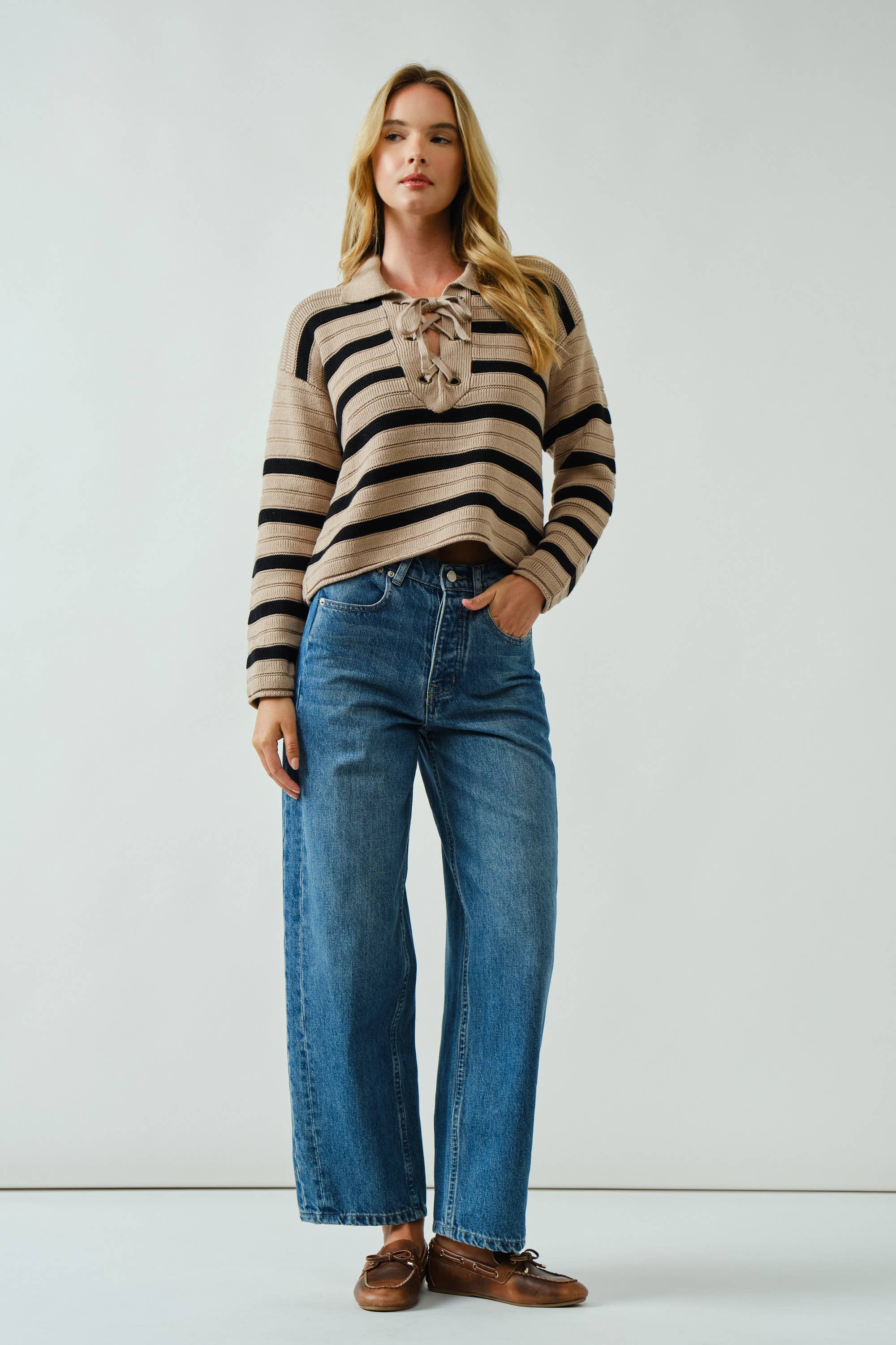 Aaron & Amber - Wholesale Knit Sweater - Women's - AJT5089 LACE UP RELEXED FIT STRIPE SWEATER11