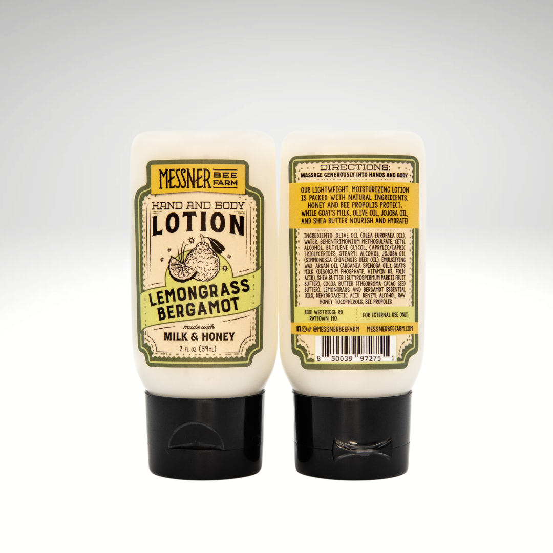 Messner Bee Farm - Wholesale Hand & Body Lotion - Lemongrass Bergamot - Milk and Honey Lotion - 2oz. Travel1