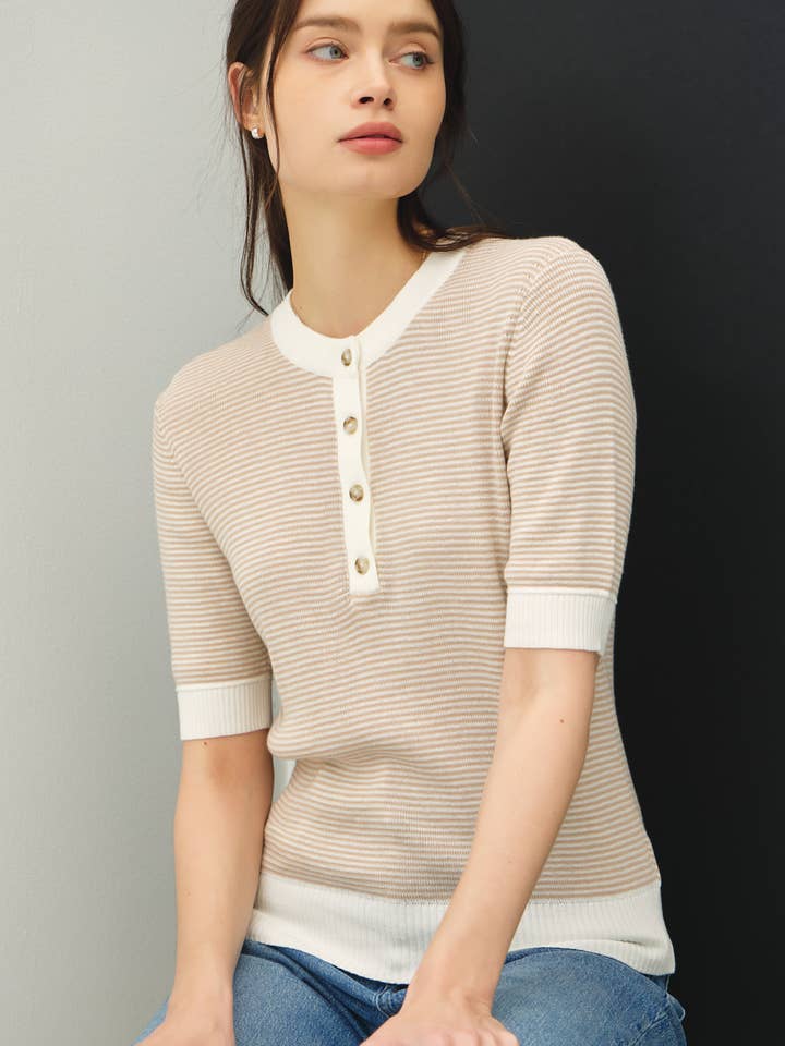 STRIPED HENLEY SWEATER TOP for wholesale by Be Cool