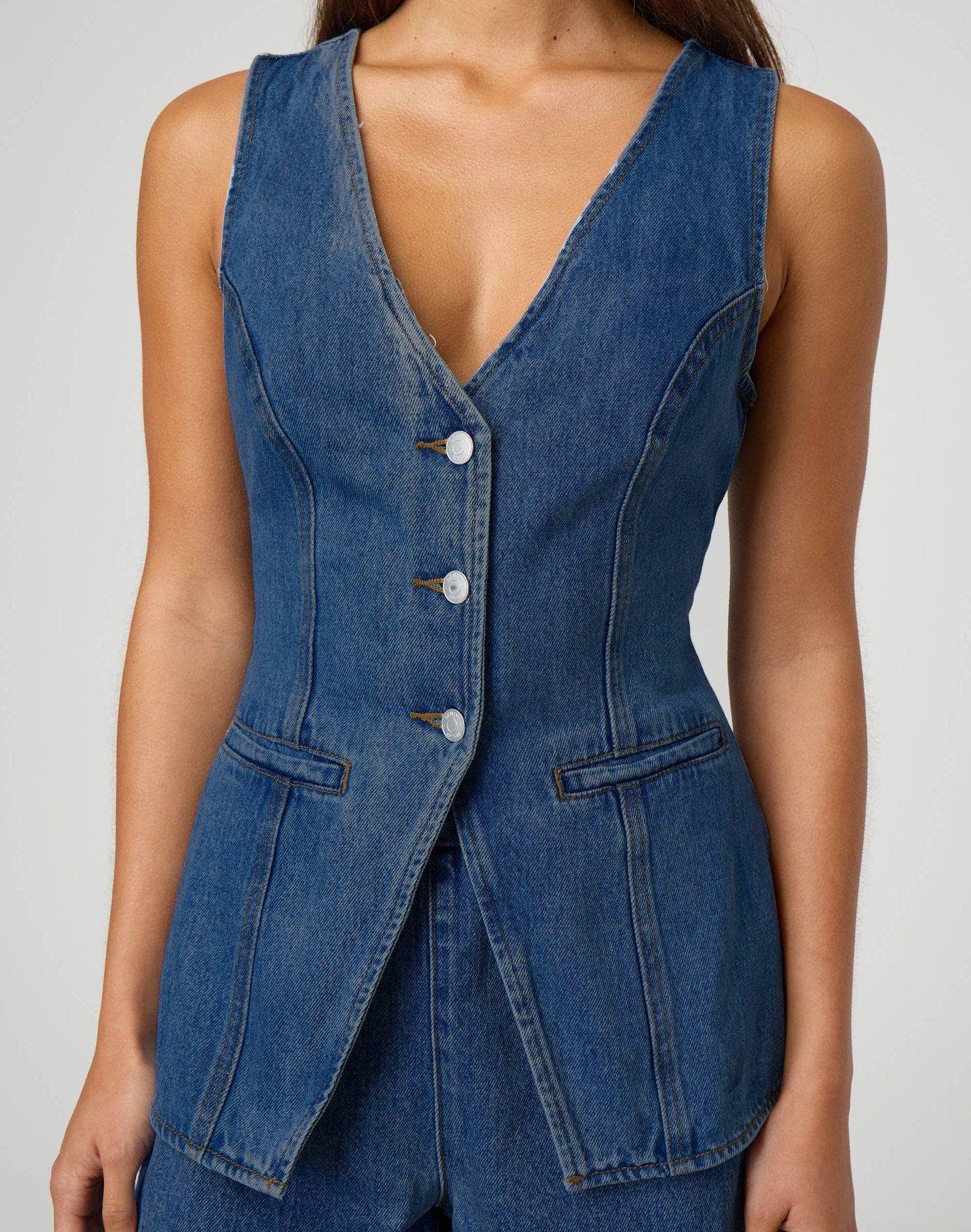 Rosa Clothing - Wholesale Top & Short Set (NOT Loungewear) - Women's - Smart & Intelligent denim buttoned tank top Split waistcoat