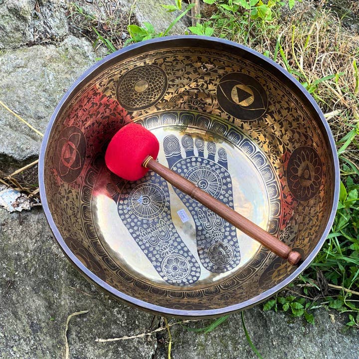 Buddha's Foot Print Fine Carving Tibetan Singing Bowl Handmade in Nepal – Meditation, Yoga and Sound Healing Therapy for wholesale by NadaYoga