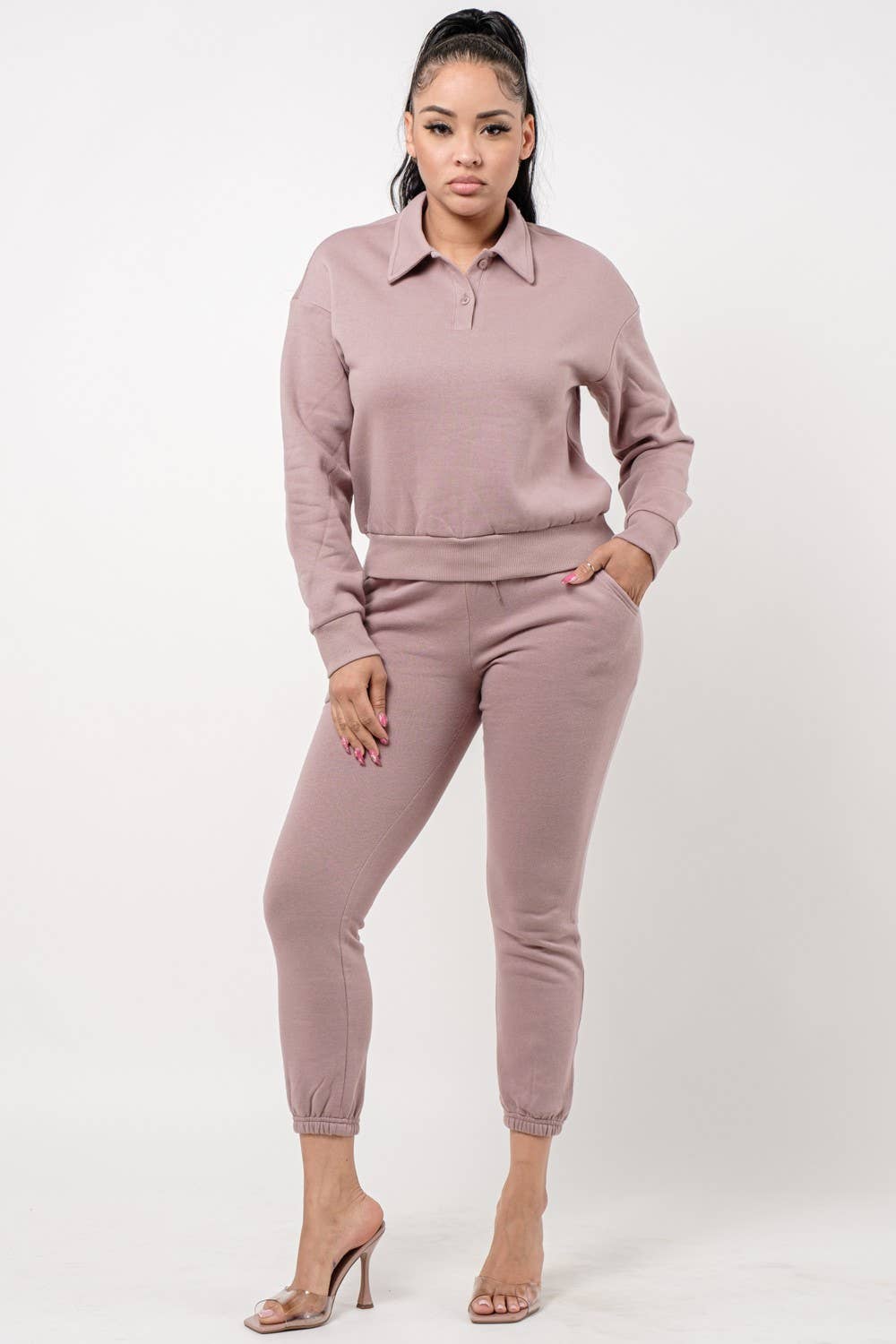 Boswell – wholesale Lounge set – Women's – Solid Jogger Set With Collar Long Sleeve Top3
