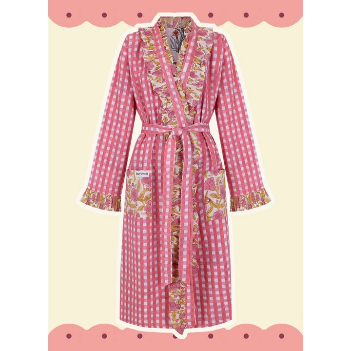 REVERSIBLE RUFFLE ROBE WITH PINK SQUARES for wholesale by Iturrienea