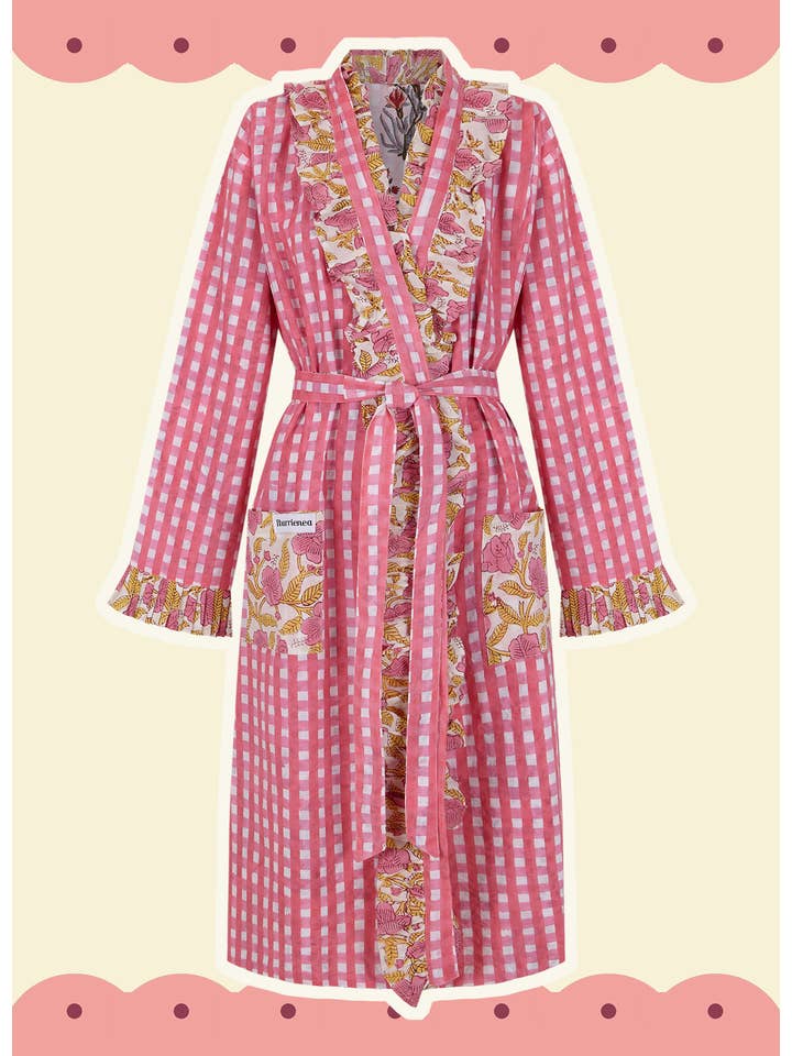 Iturrienea - Wholesale Robe - Women's - REVERSIBLE RUFFLE ROBE WITH PINK SQUARES