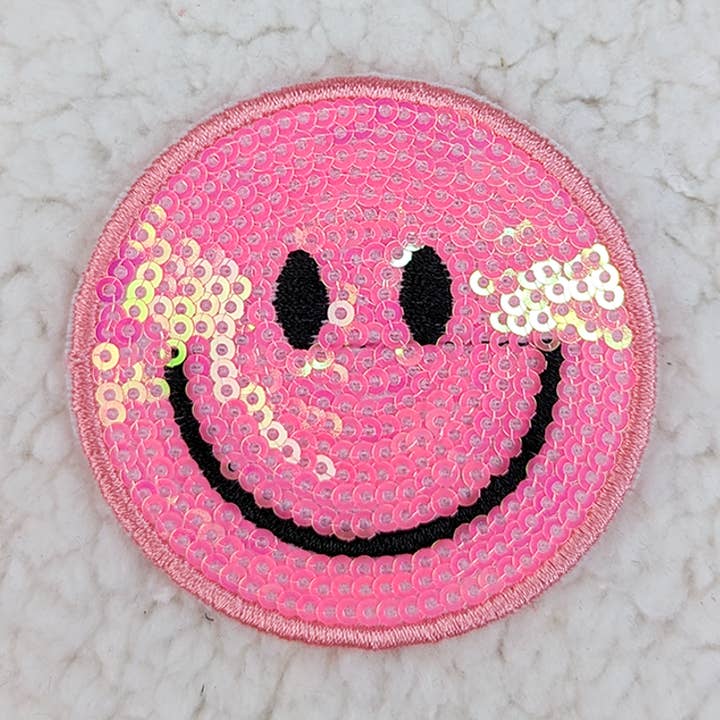 PINK Sequin Happy Face HAT/POCKET Patch for wholesale by Trendy Transfers