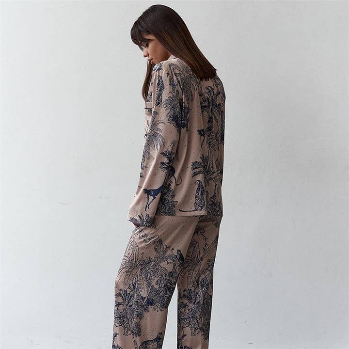 PRINTING Long Sleeve Satin Two-Piece Pajama Set with Lapel Collar and Single-Breasted Blouse for wholesale on Faire1