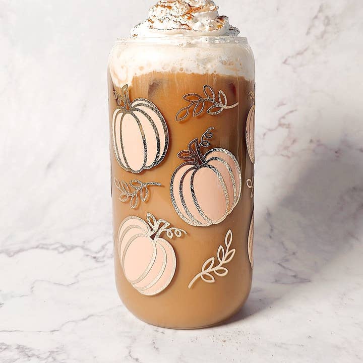 Fall Shimmery Pumpkin Coffee Glass Cup for wholesale by honeysheshome