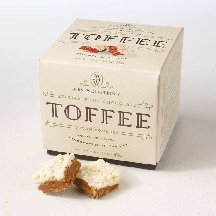 1 lb Belgian White Chocolate Pecan Toffee Squares for wholesale by Mrs. Weinstein's Toffee