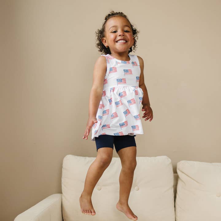 Little Joy Co. - Wholesale Top & Short Set - Kids - Flag Print Bamboo Peplum Top Bike Shorts 4th of July Girl