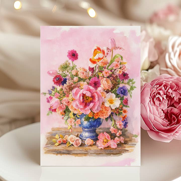 Bouquet floral Chinoiserie rose, carte de vœux vierge pour la vente par Design Carolinas