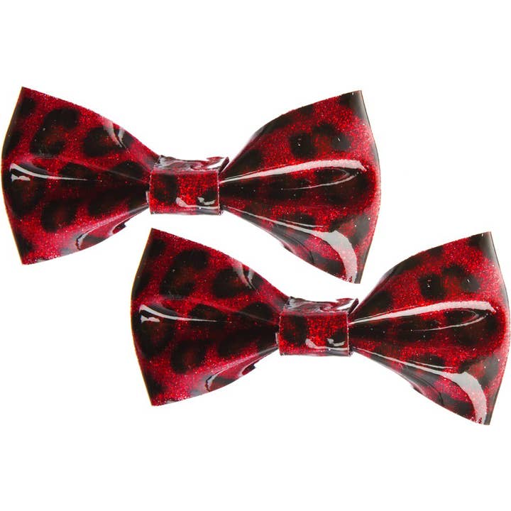 Square Deal Recordings & Supplies - Wholesale Hair Bow - Women's - Hair Clips - Sourpuss - Red Leopard Glitter Bows - Set Of 2