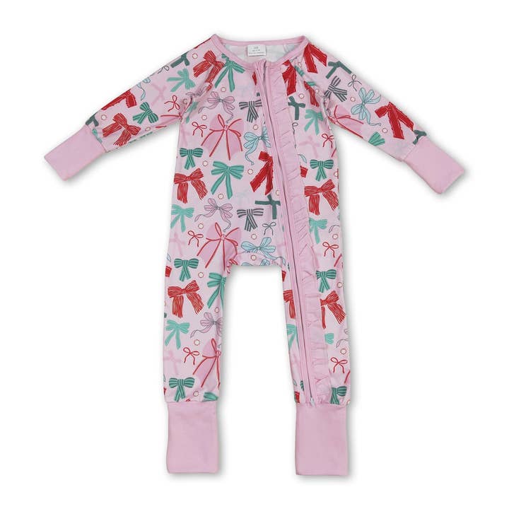 Yawoo Garments - Wholesale Jumpsuit - Baby - Pink long sleeves bows baby girls Christmas zip romper0