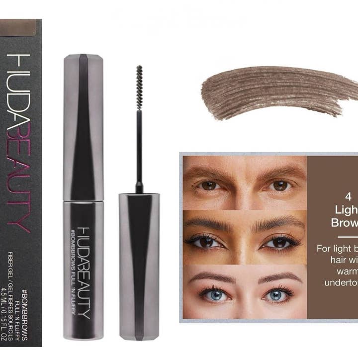 HUDA BEAUTY #BombBrows Gel de Fibras Full 'N Fluffy 4 CASTANHO CLARO por atacado de Super Stock Wholesale