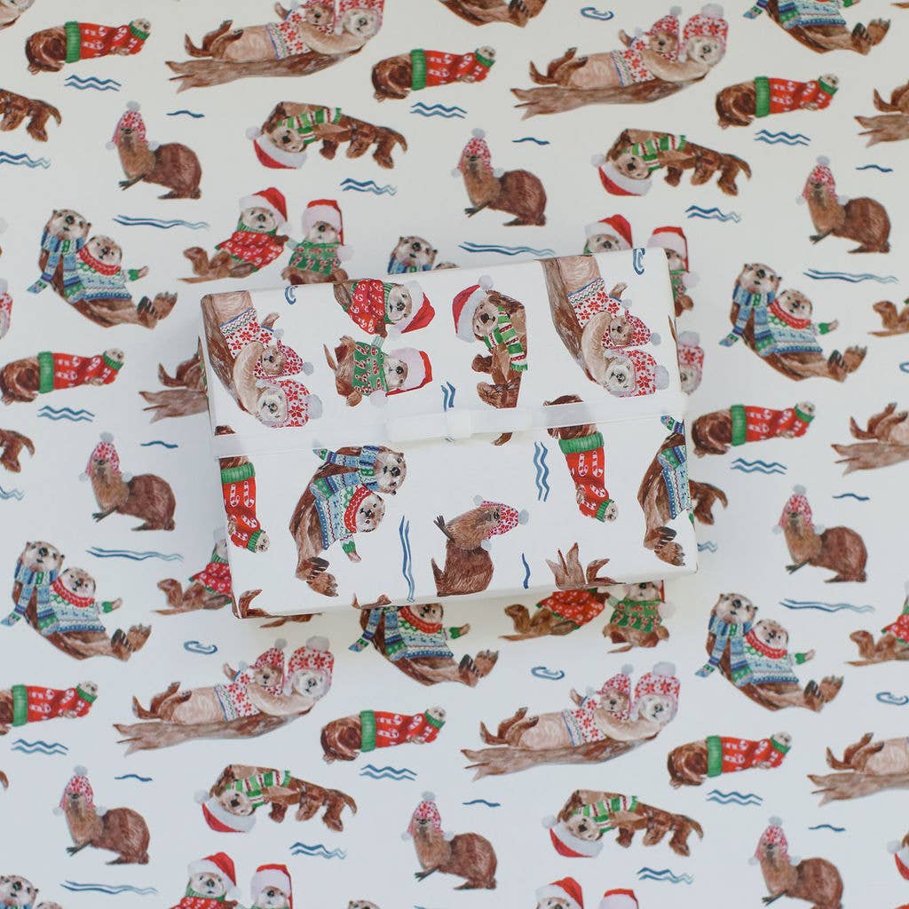 Lana's Shop - Wholesale Wrapping Paper Roll - Holiday Otters Gift Wrap Roll1