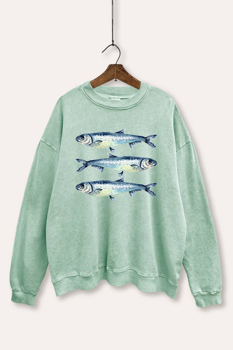 VINTAGE POINT USA – Engroshandel Grafisk Sweatshirt - Dame – TRE SARDINER GRAFISK MINERALVASKET SWEATSHIRT1