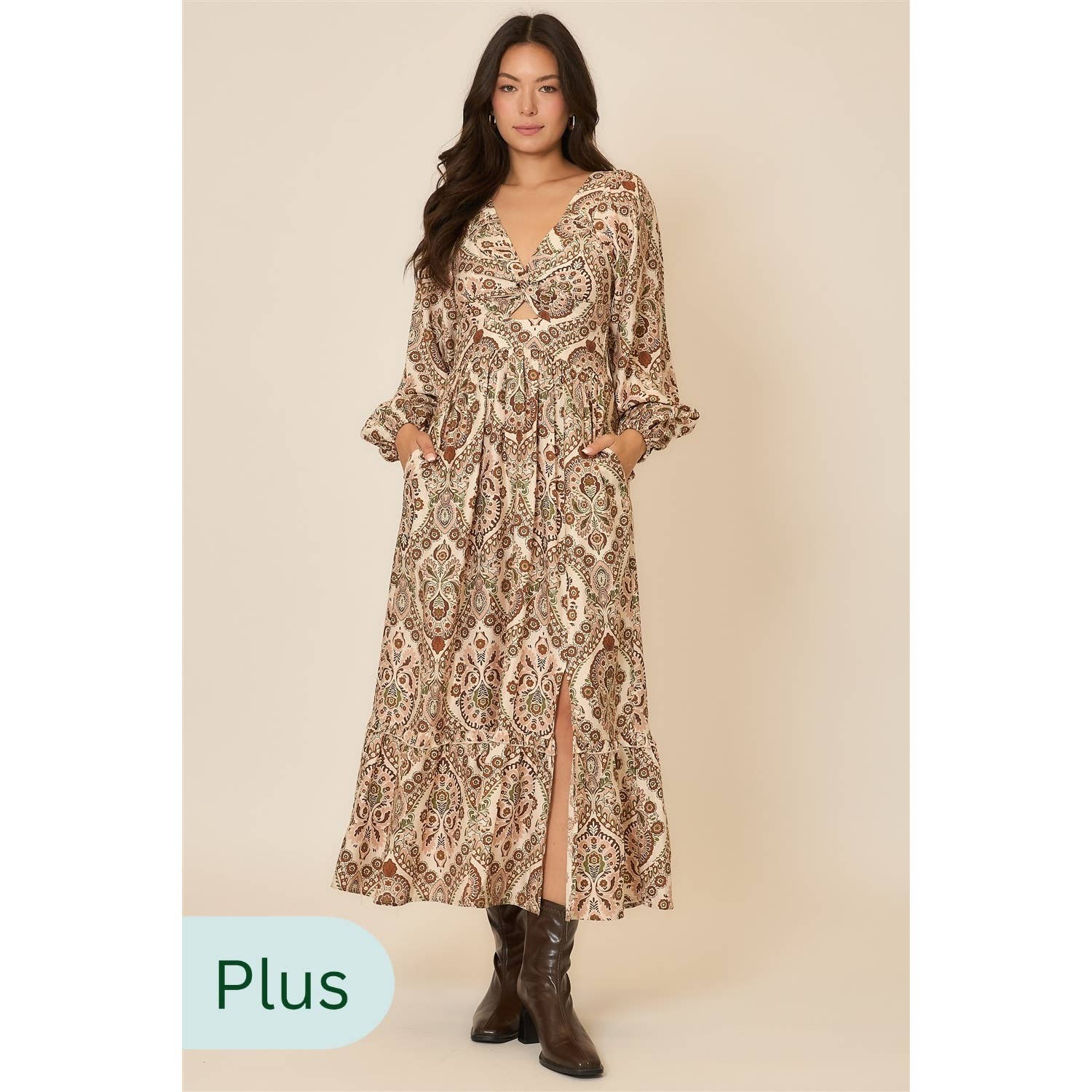 Marrone Chiaro Abito lungo a maniche lunghe con scollo a V e stampa floreale in vendita all'ingrosso su Faire1