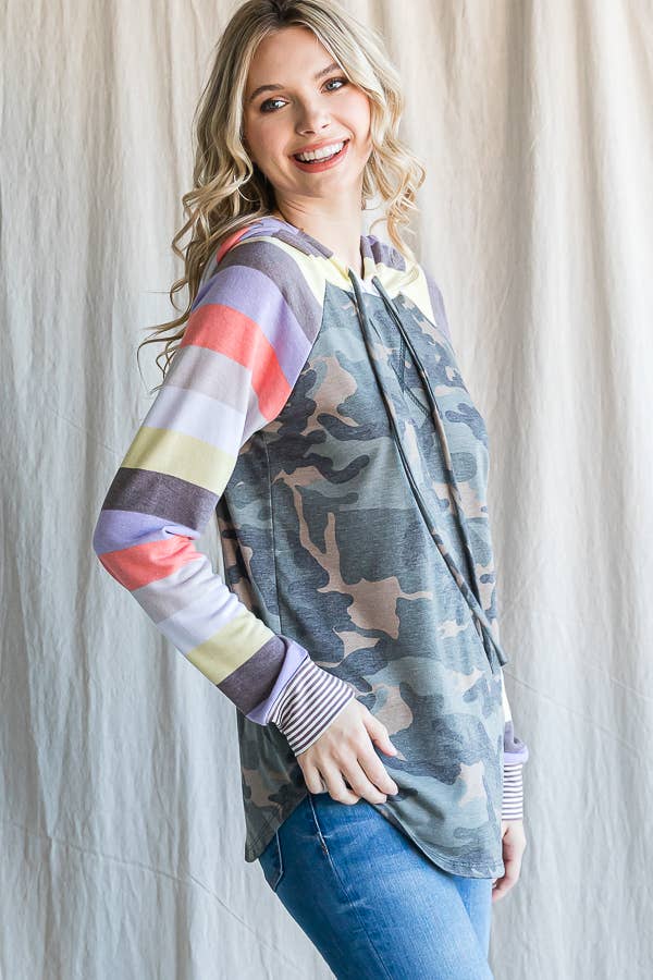 7th Ray - Wholesale Hoodie - Women's - Camo Print Stripe Raglan Sleeve Drawstring Hoodie T454916