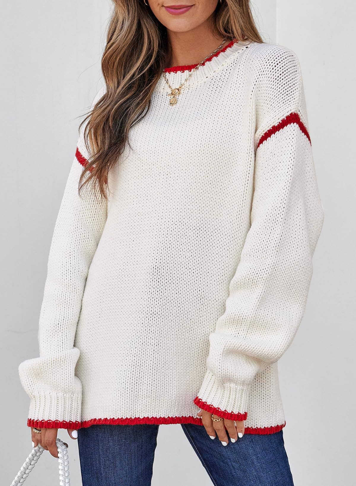 Anna Kaci Wholesale - Wholesale Knit Sweater - Women's - Crew Neck Knit Sweater with Red Trim Detail and Long Sleeves14
