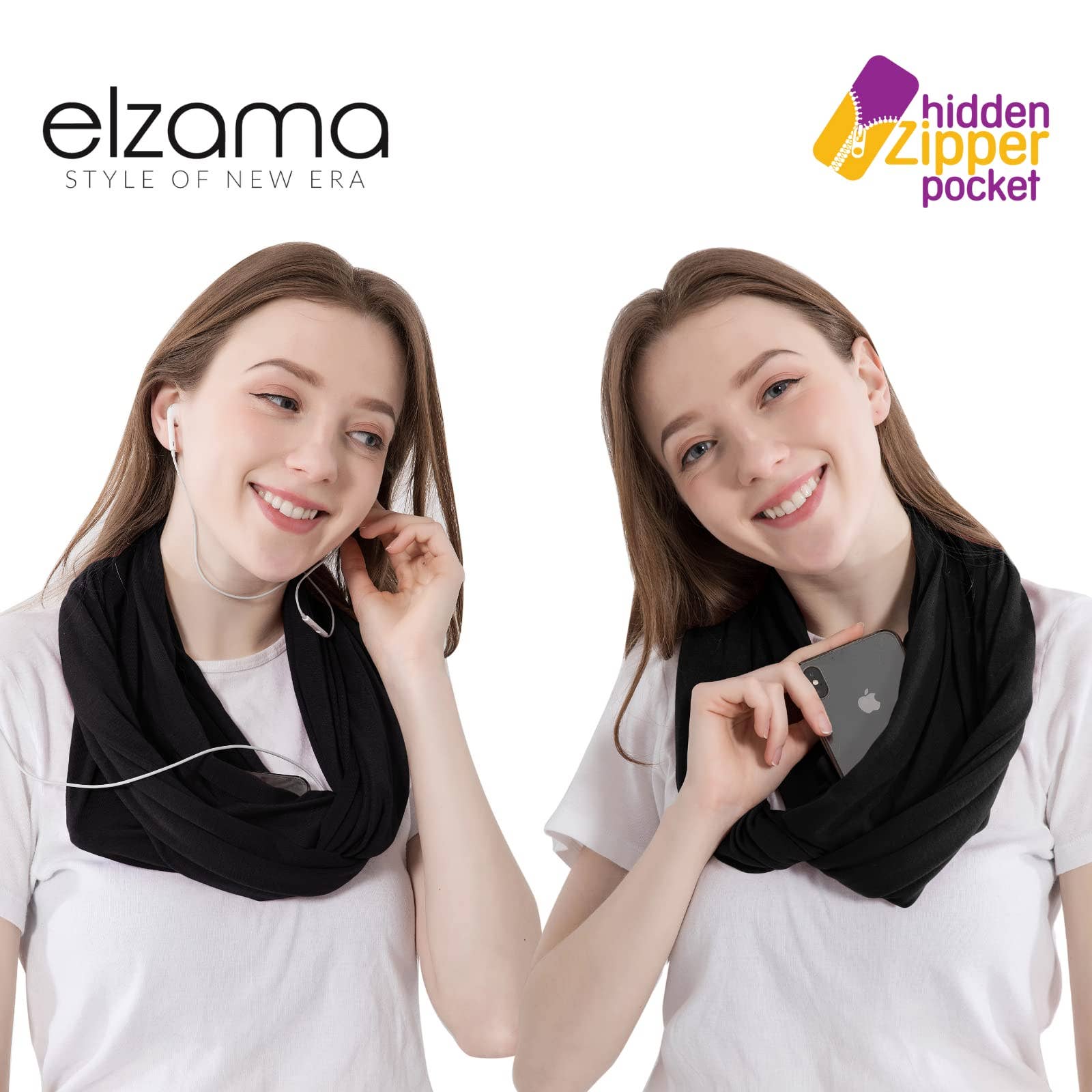 Elzama - Wholesale Scarf - Women's - ELZAMA Solid Color Infinity Scarf with Hidden Zipper Pocket4