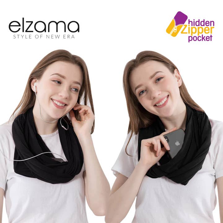 Elzama - Wholesale Scarf - Women's - ELZAMA Solid Color Infinity Scarf with Hidden Zipper Pocket4