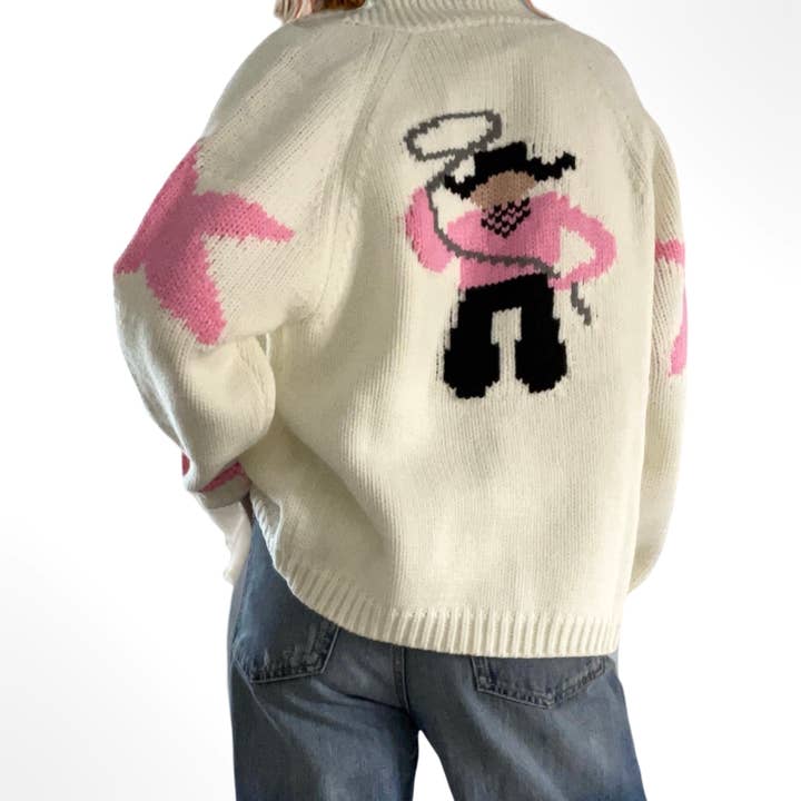 Pink Pineapple - Wholesale Cardigan - Women's - Varsity Chunky Cowboy in ivory/pinkÂ