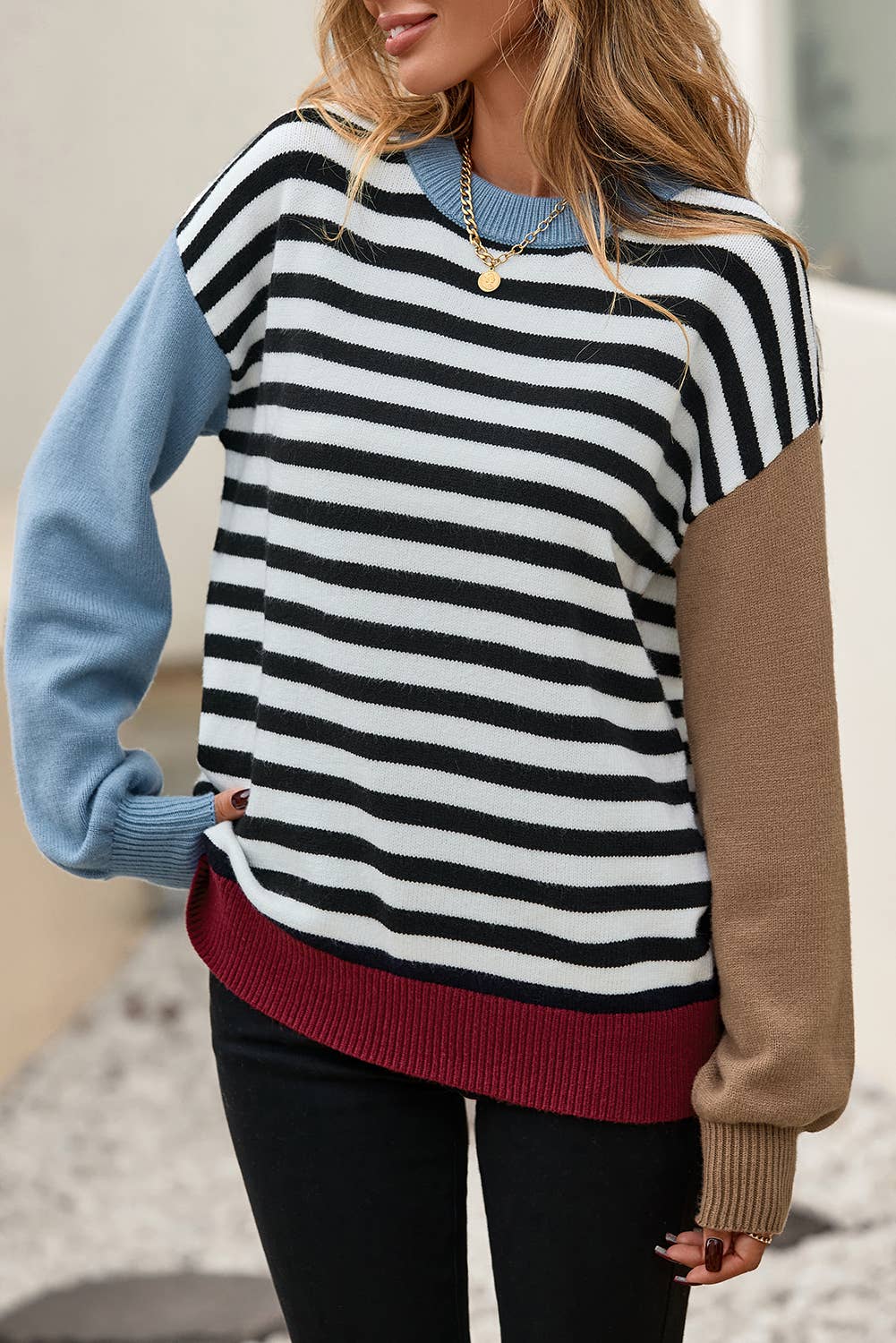 Noir Pull chic à manches rayées en colorblock noir LDC en vente sur Faire4