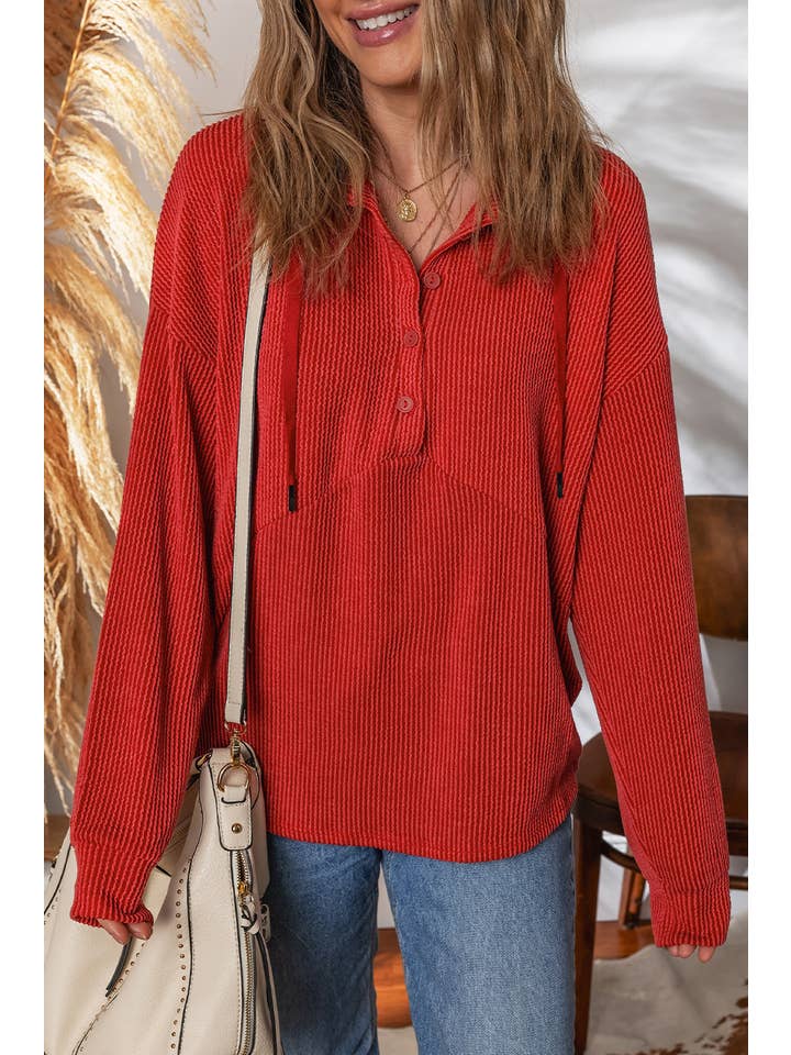 Racing Red Corded Knit Half-Button Collared Top for wholesale on Faire4