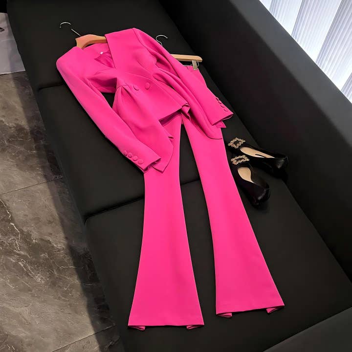 SY532 2026 Ensemble Veste Ajustée à Ourlet Volanté et Pantalon Évasé pour la vente par Sanyao Fashion