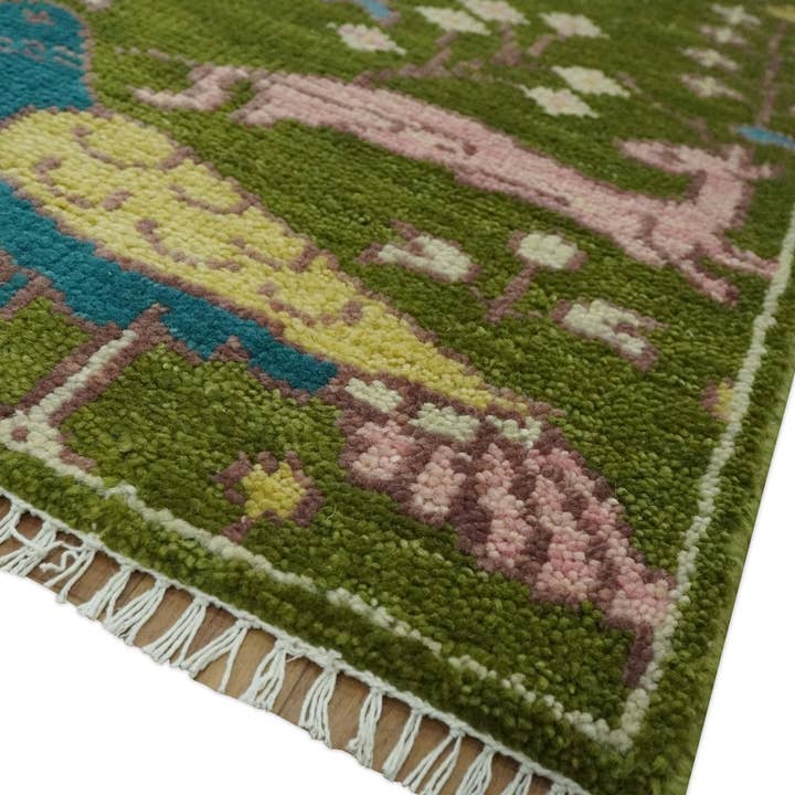 The Rug Decor, Inc. - Wholesale Area Rug - The Green Jungle Life Teal and Peach Peacock Bird Hand Knotted Custom Made Wool Area Rug4