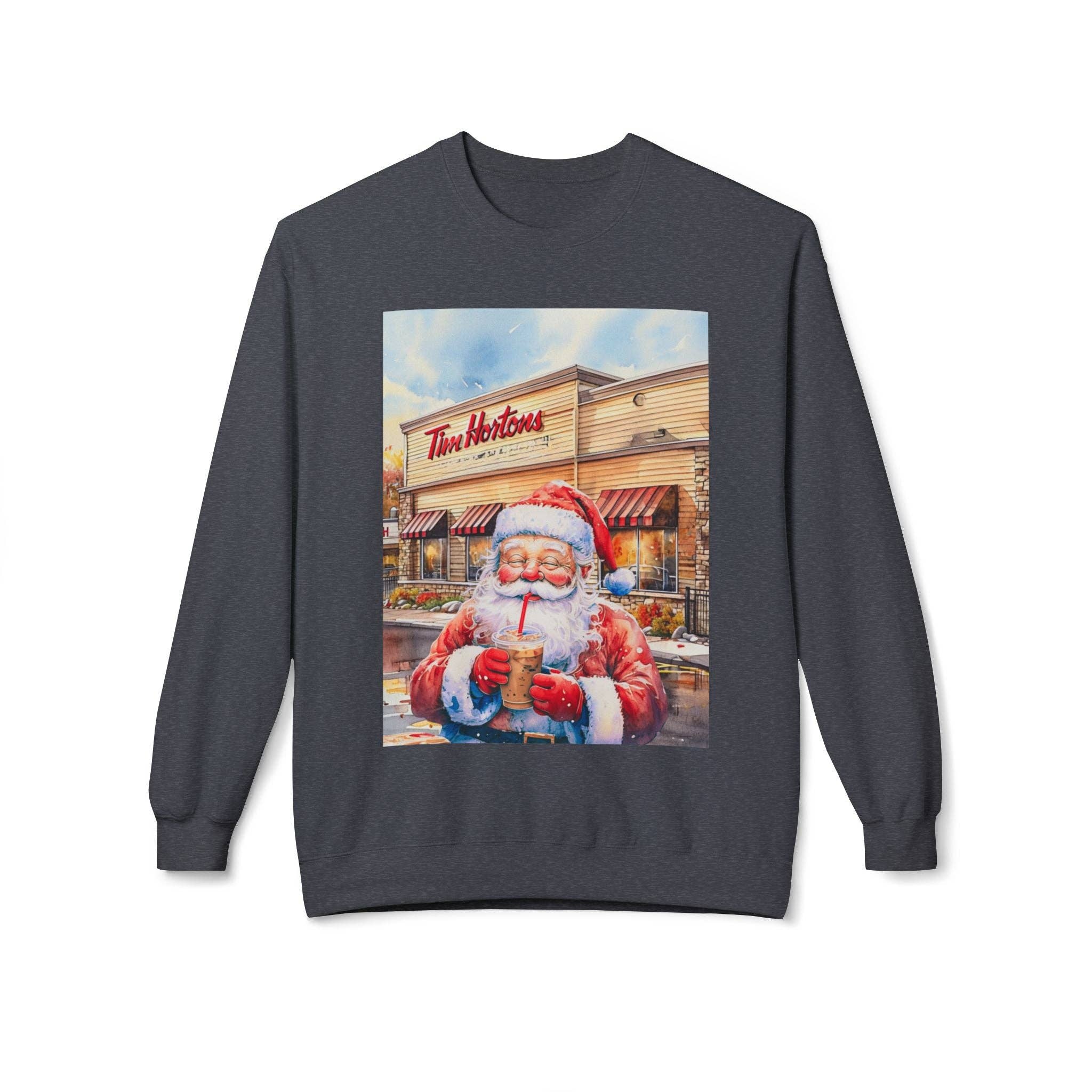 Buffalovely - Wholesale Graphic Sweatshirt - Women's - Santa with an Iced Coffee at Tim Horton's Cozy Unisex Christmas Crewneck Sweatshirt0