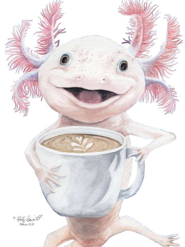 Axolotl with Coffee 'Axolatte' Poster by Holly Simental for wholesale by Holly Simental