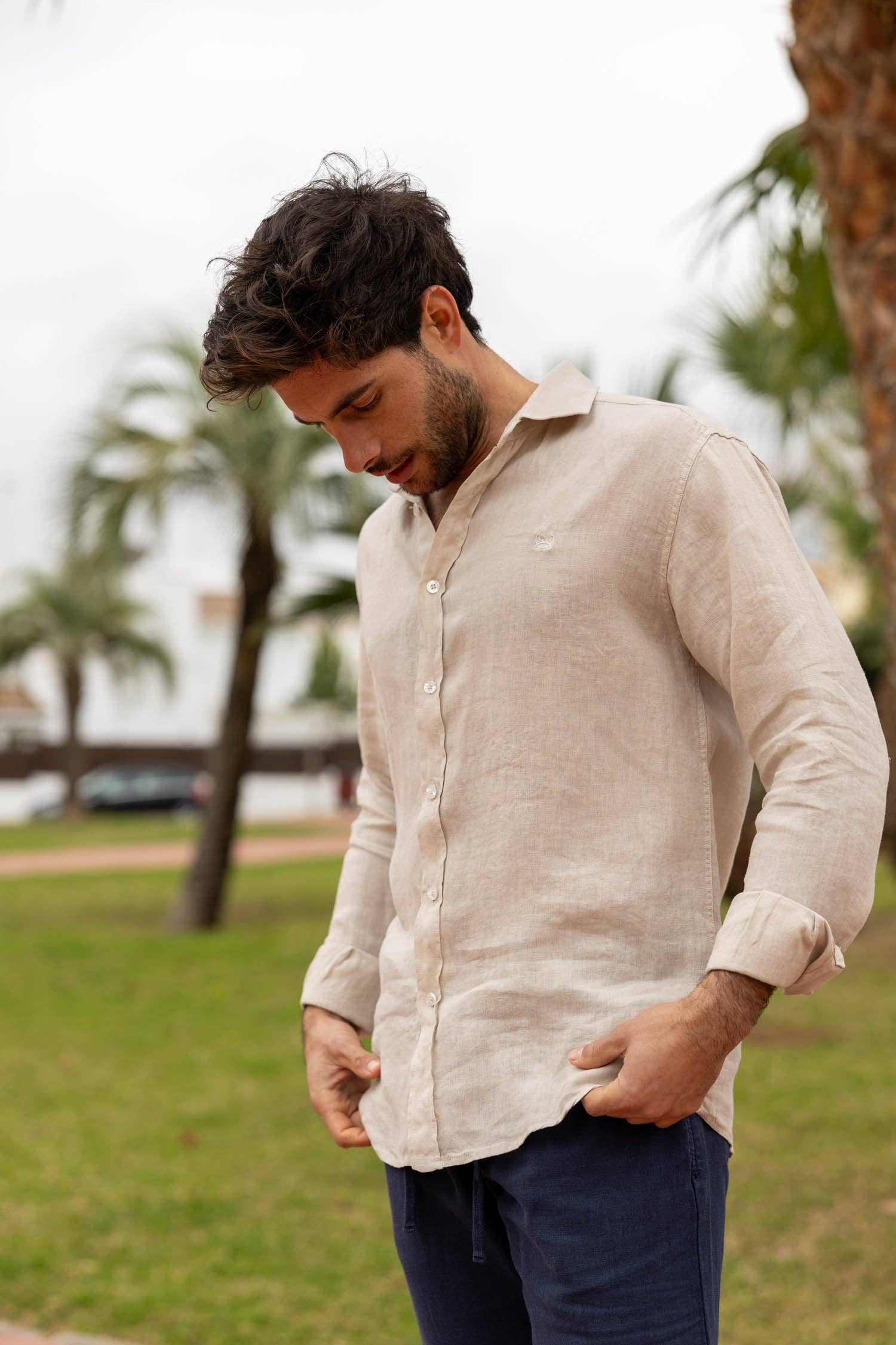 Custi Mikelo: Made in Spain - Wholesale Button Down Shirt - Men's - Beige Linen Shirt | Lanzarote2