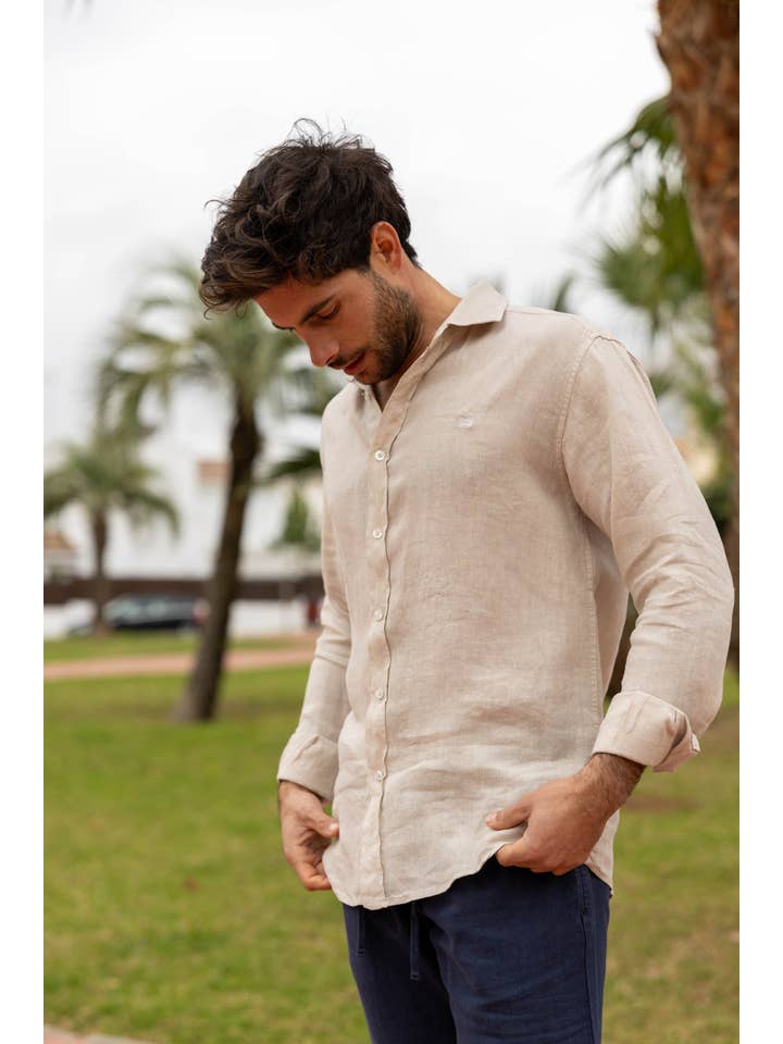Custi Mikelo: Made in Spain - Wholesale Button Down Shirt - Men's - Beige Linen Shirt | Lanzarote2