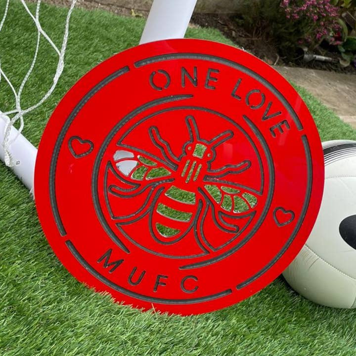 MUFC One Love Plaque for wholesale by Wall Art Collective / Manchester Bee Collective.