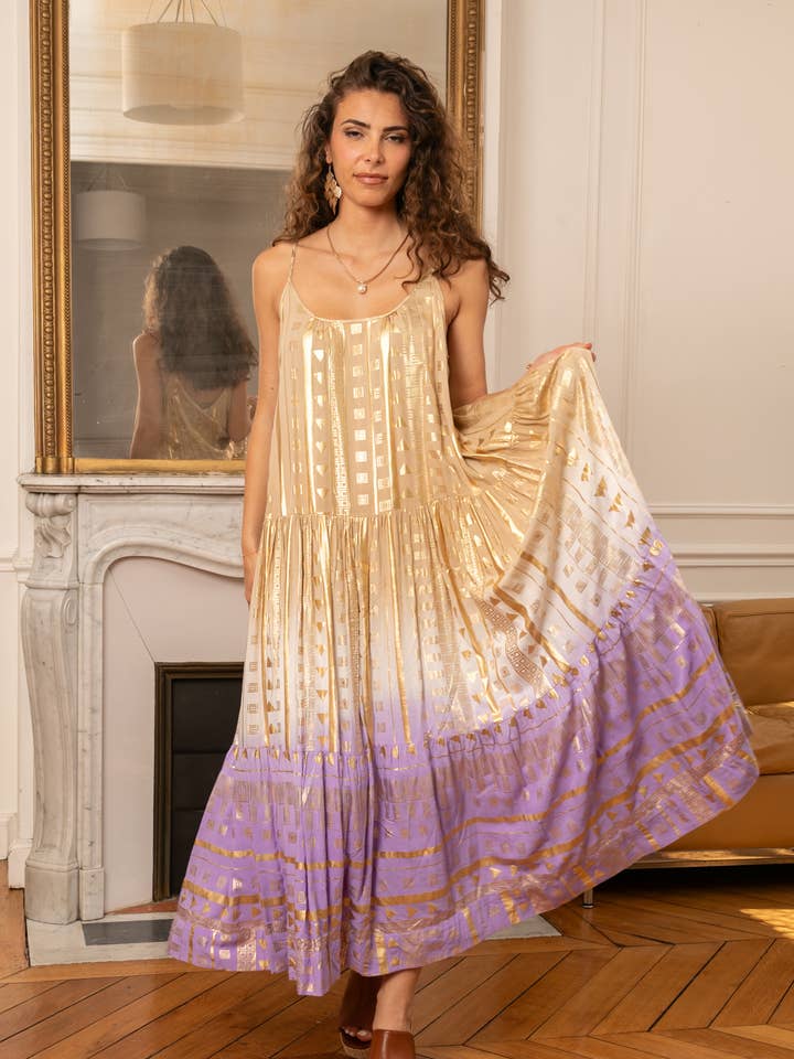 Lange jurk met gouden print en fijne bandjes voor wholesale door last queen