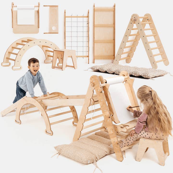 7-in-1 Montessori Klimrek Set: Klimdriehoek, Klimboog met kussen, Glijbaan, Klimnet, Tekenbord en Kinderstoel, voor kinderen van 1-7 jaar – Beige voor wholesale door Goodevas Deutschland