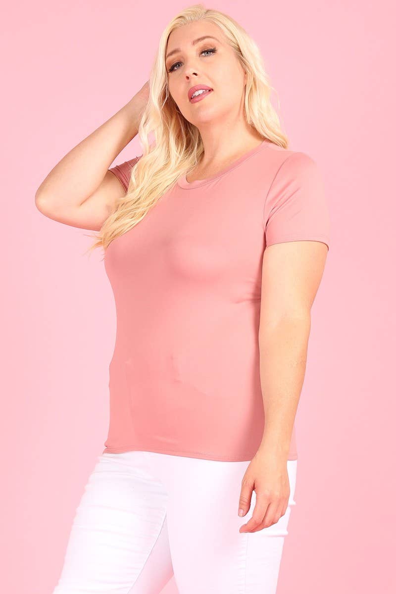 Bella Berry USA - Wholesale Blouse - Women's - PLUS SIZE: Solid fitted top, round neckline, short sleeves1