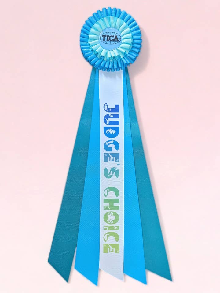 Bespoke Custom Rosette with Five Streamers and Double Pleated Head; Center Streamer is printed in full color for wholesale by FatPet Awards and Rosettes
