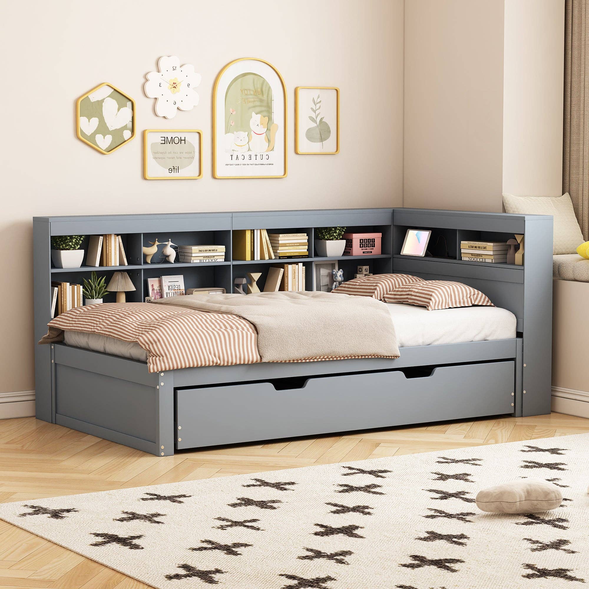 Urban Meuble - Wholesale Bed - Solid wood trundle bed gray 90*200 with USB port and multiple storage GIRCAET13