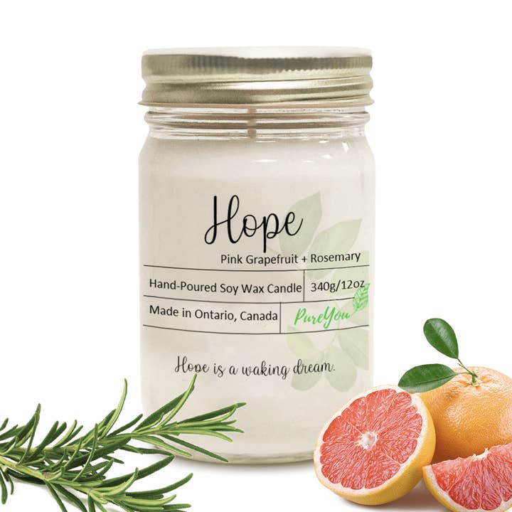 Bougie en cire de soja Hope (pamplemousse+romarin) pour la vente par PureYou handmade
