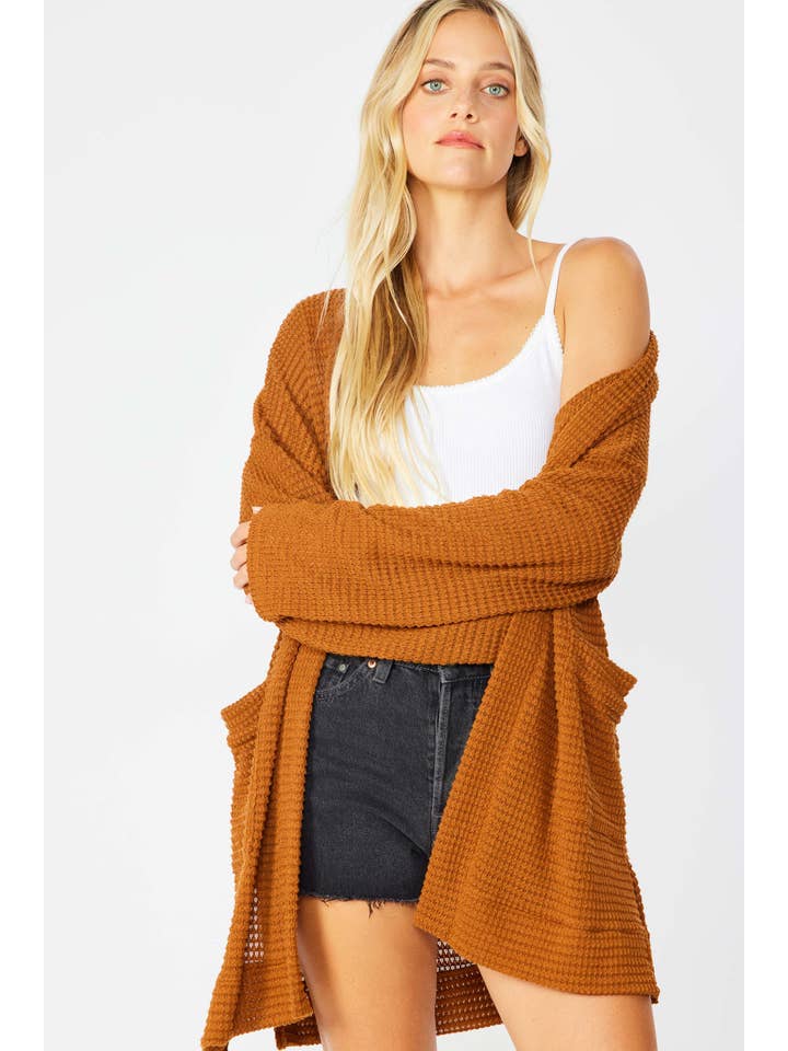 FSL Apparel - Wholesale Cardigan - Women's - SJ1005 - WAFFLE KNIT OPEN FRONT CARDIGAN WITH POCKETS4