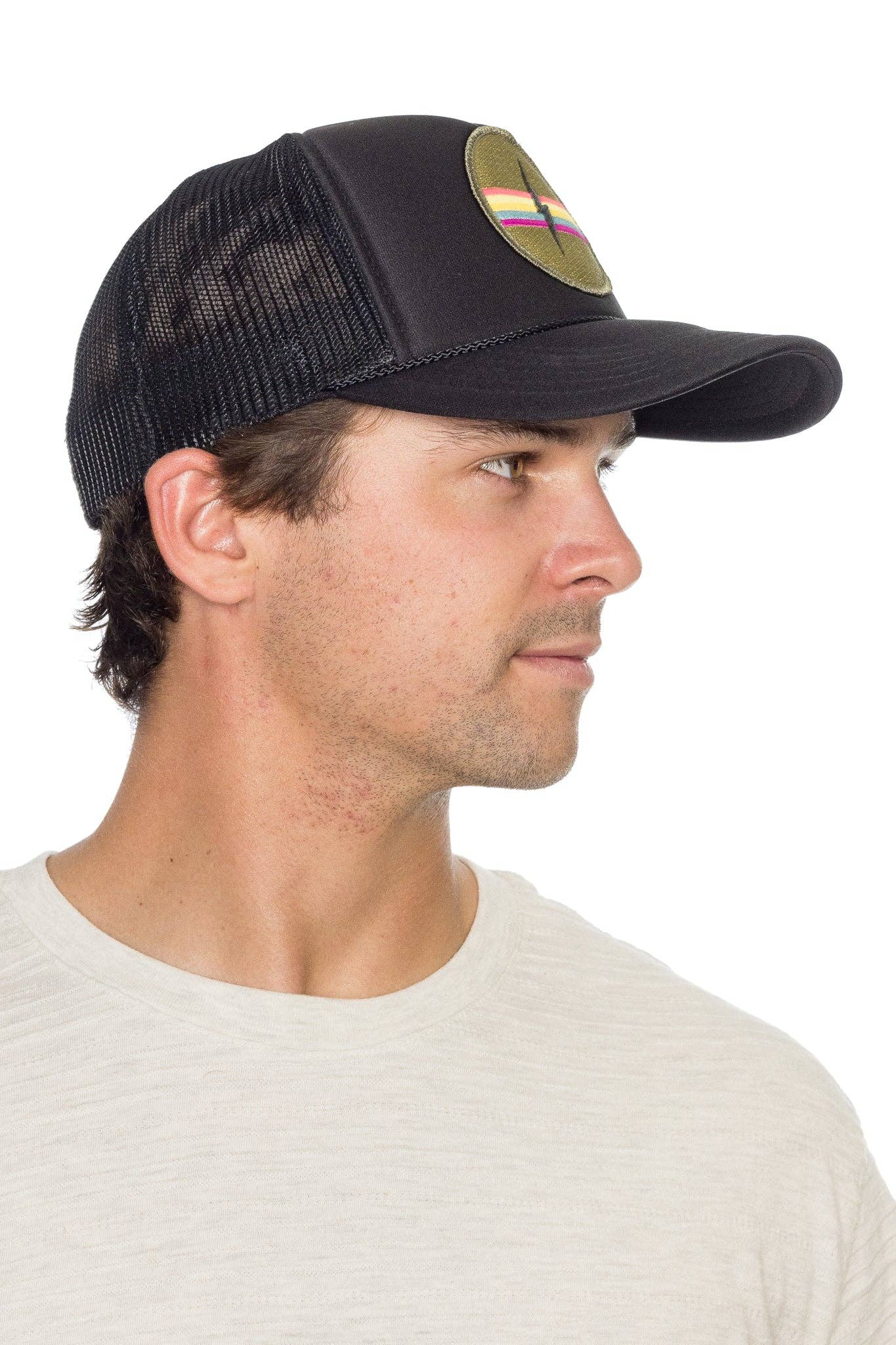 Electric Rainbow Trucker Hat in Black for wholesale on Faire7