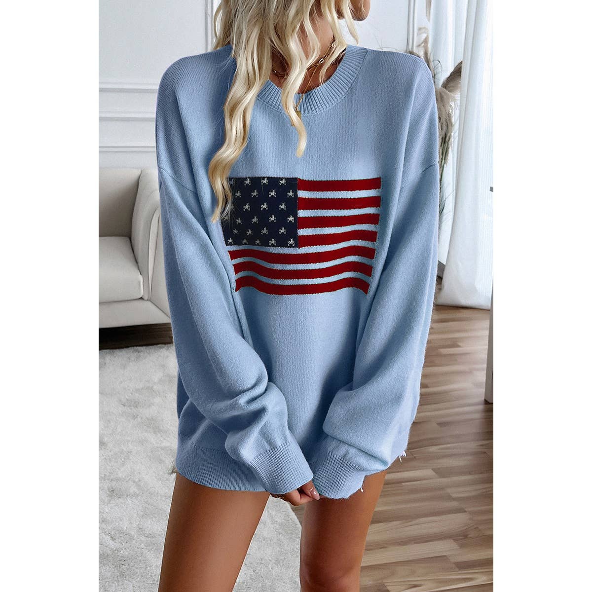 Supreme Fashion – wholesale Knitted jumper – Women′s – Knit Round Neck Flag Print Loose Fit Sweater1