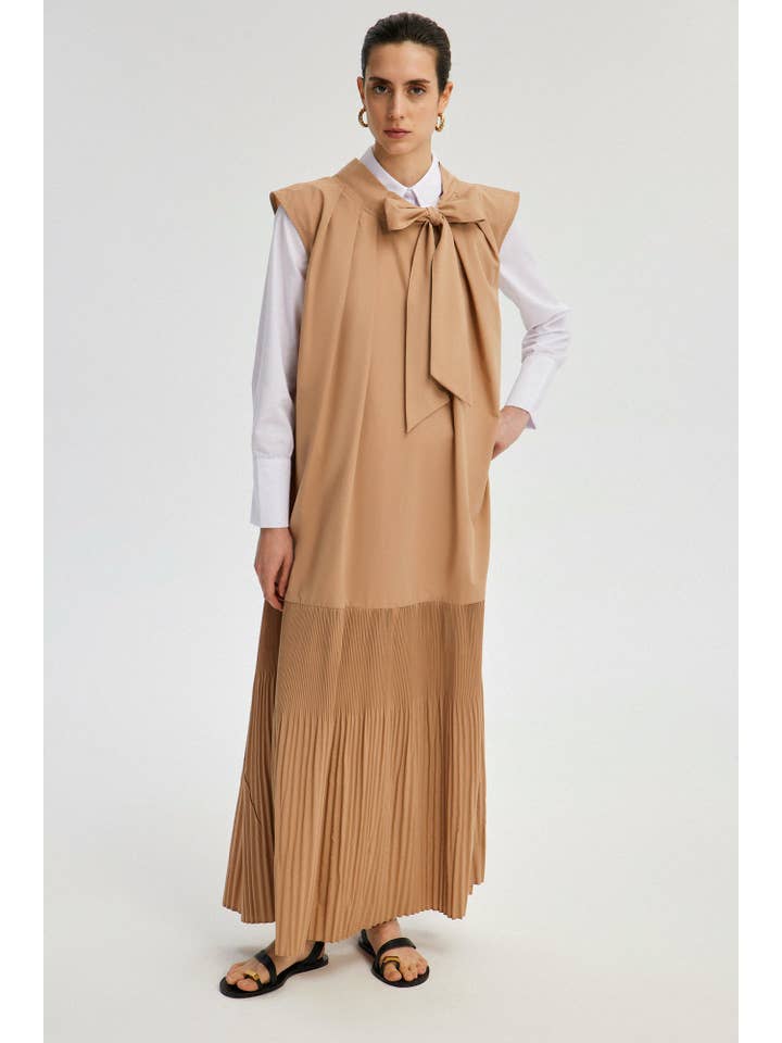 Beige COLLAR TIED PLEATED DRESS for wholesale on Faire